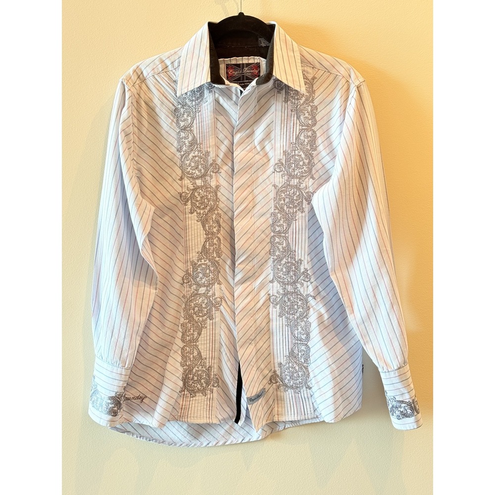 English Laundry Christopher Wicks Men's Small Embroidered Striped Button Shirt